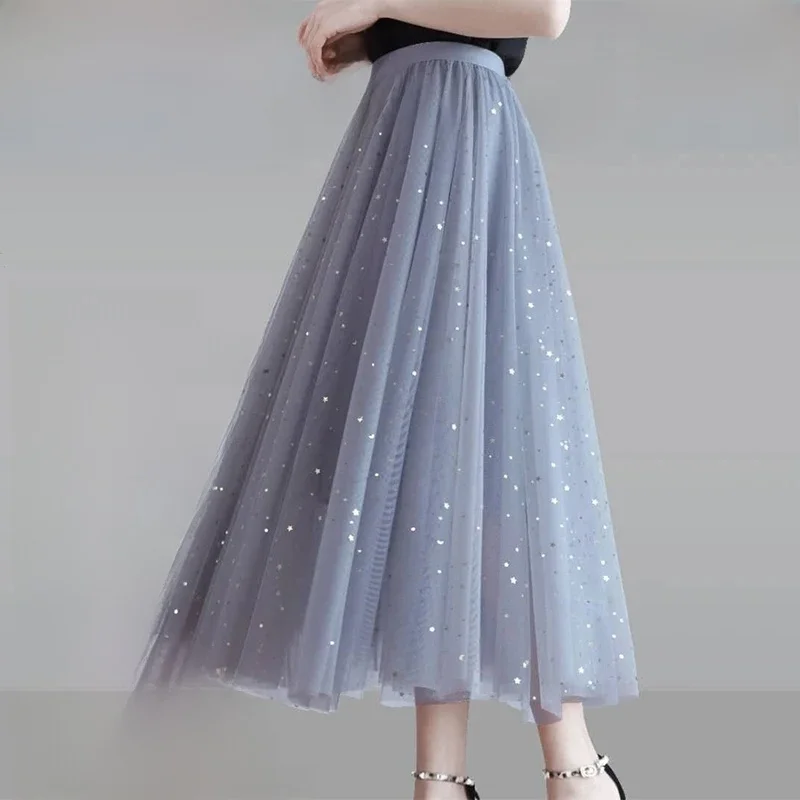 

Весна-лето, элегантная сетчатая юбка с высокой талией и блестками, женская темпераментная универсальная сказочная юбка трапециевидной формы длиной до щиколотки, женская одежда