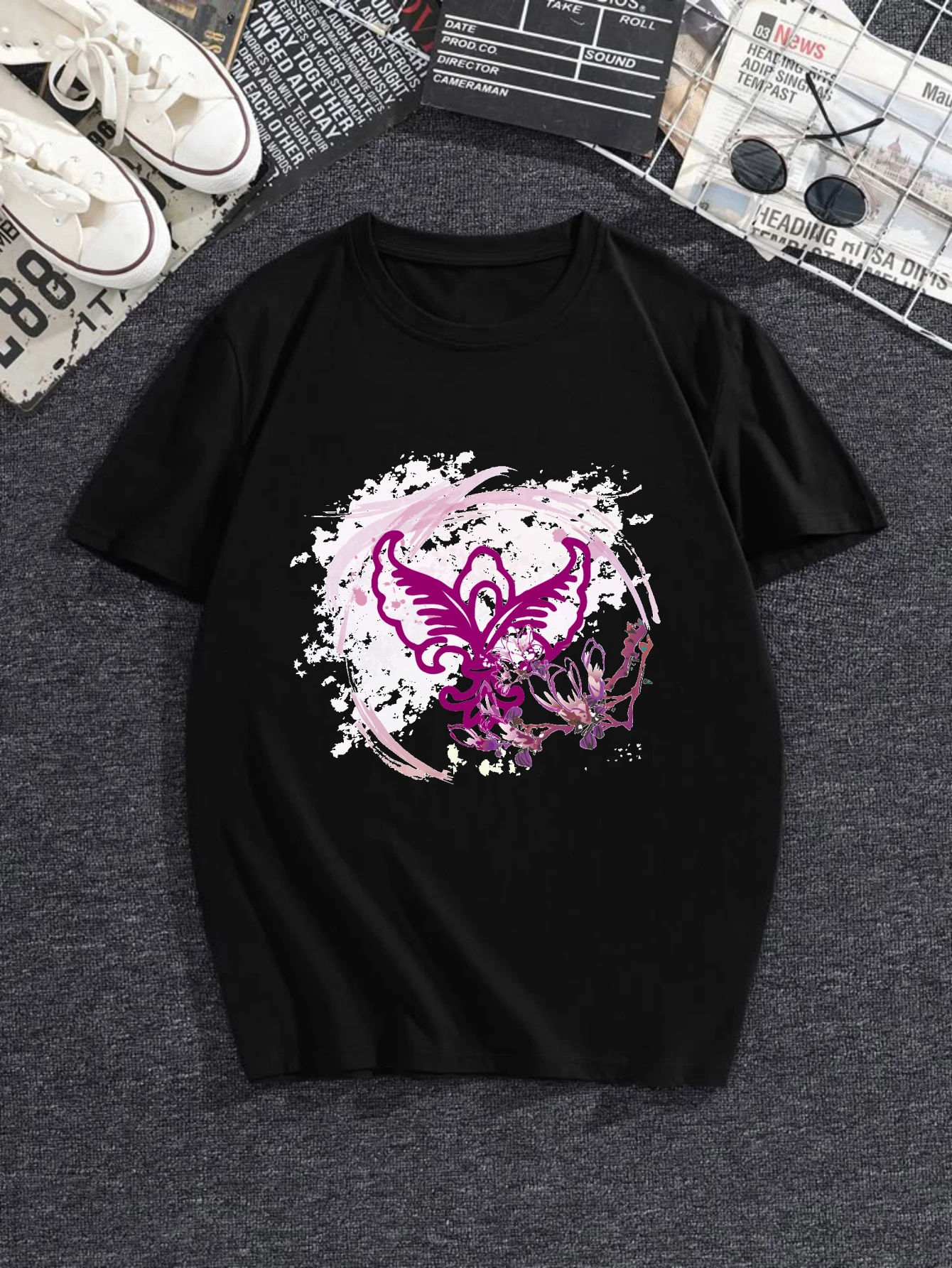 

Women's T-shirts Chinese style Printed t shirt Couple Basic Oversize Tee Casual 100% cotton Purple Butterfly On Black printe