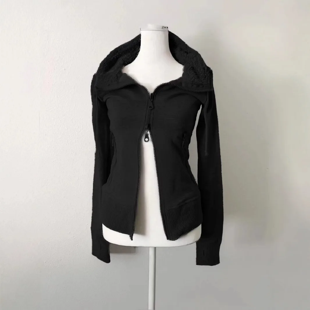 Y2k Retro Wool Double Zip Up Hoodie Sweatshirt Cardigan for Women Spring Autumn Women's Slim Waist Closure Hoodies Jacket Coat