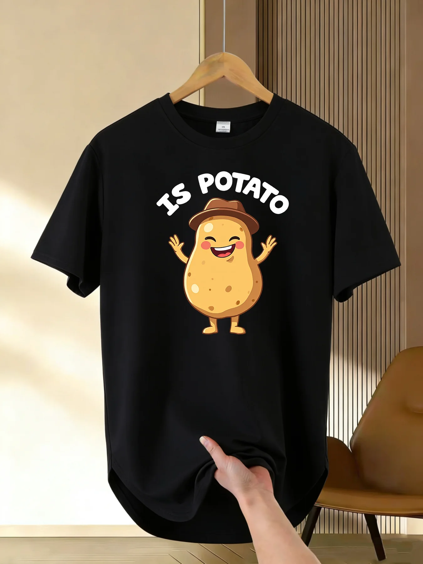 Mens Light Cotton T Shirt Cute Potato Character Print O Neck Short Sleeve Loose Fit Daily Summer Street Top For Young Adult Men