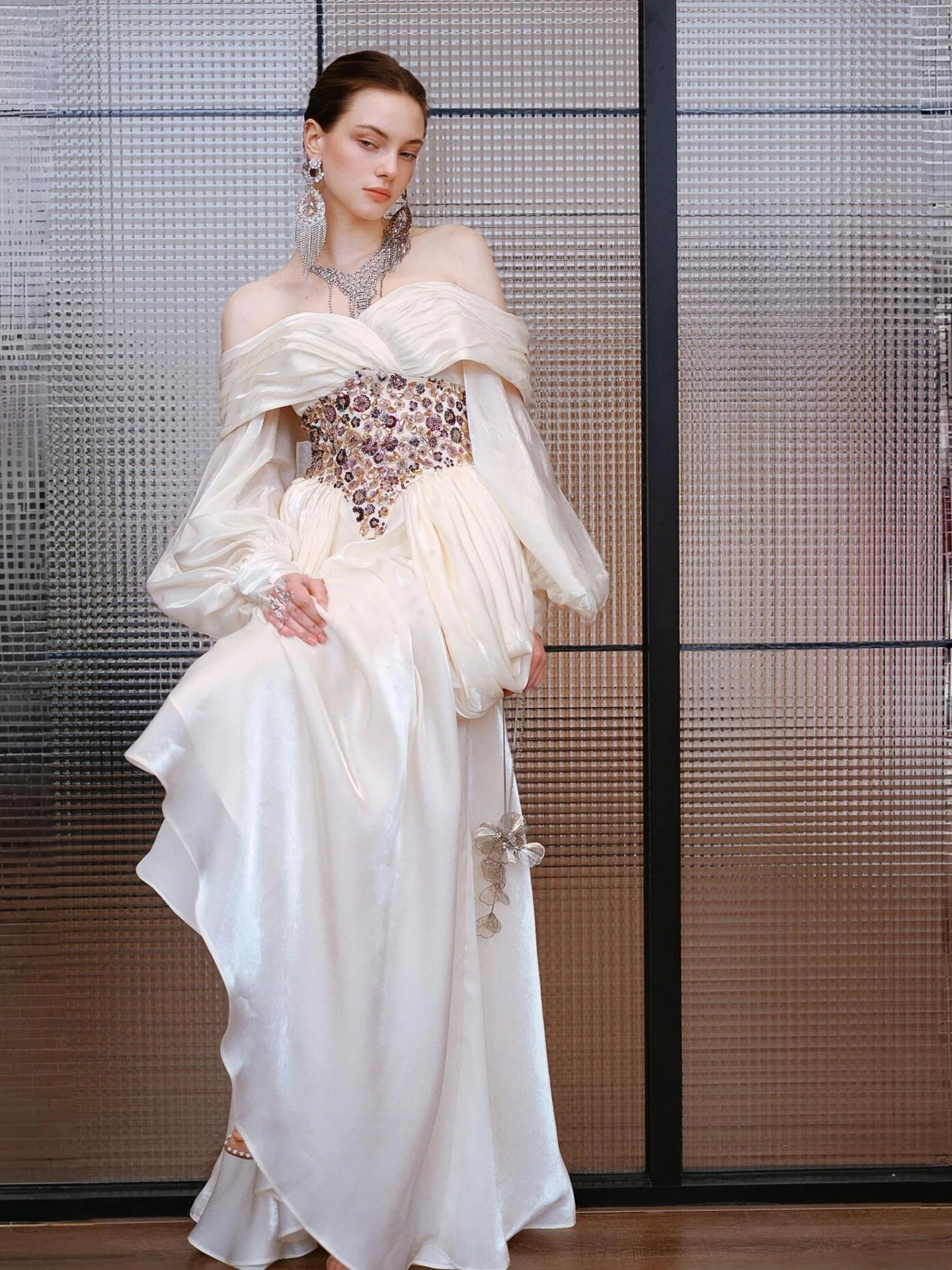 

Ele Long Sve Satin Evening Dr One oulder Wedding Dr Luxury Beaded Court Sle Fro for Engagement And Par