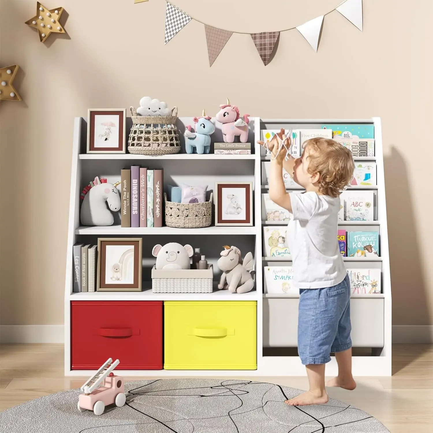 Estante de madeira, estante infantil de 5 camadas com 2 gavetas, rack de armazenamento para livros, armário organizador de brinquedos para livros, para quarto de crianças, playr