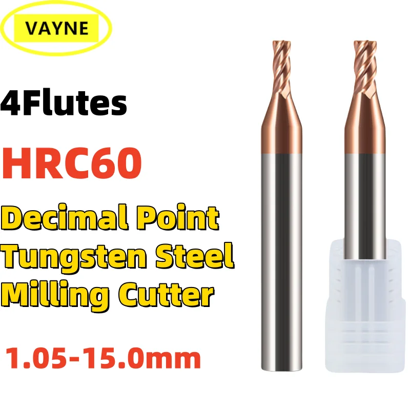 1PCS Decimal Point Flat End Mill HRC60 CNC Cutter Tools 4 Flute D1.05-D15.0mm Carbide Tungsten Steel Milling Cutter TIN-Coating