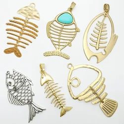 1 x Matte Gold Color Large 3D Fish Bone & Faux Turquoise Charm Pendant for DIY Necklace Jewelry Making Accessories