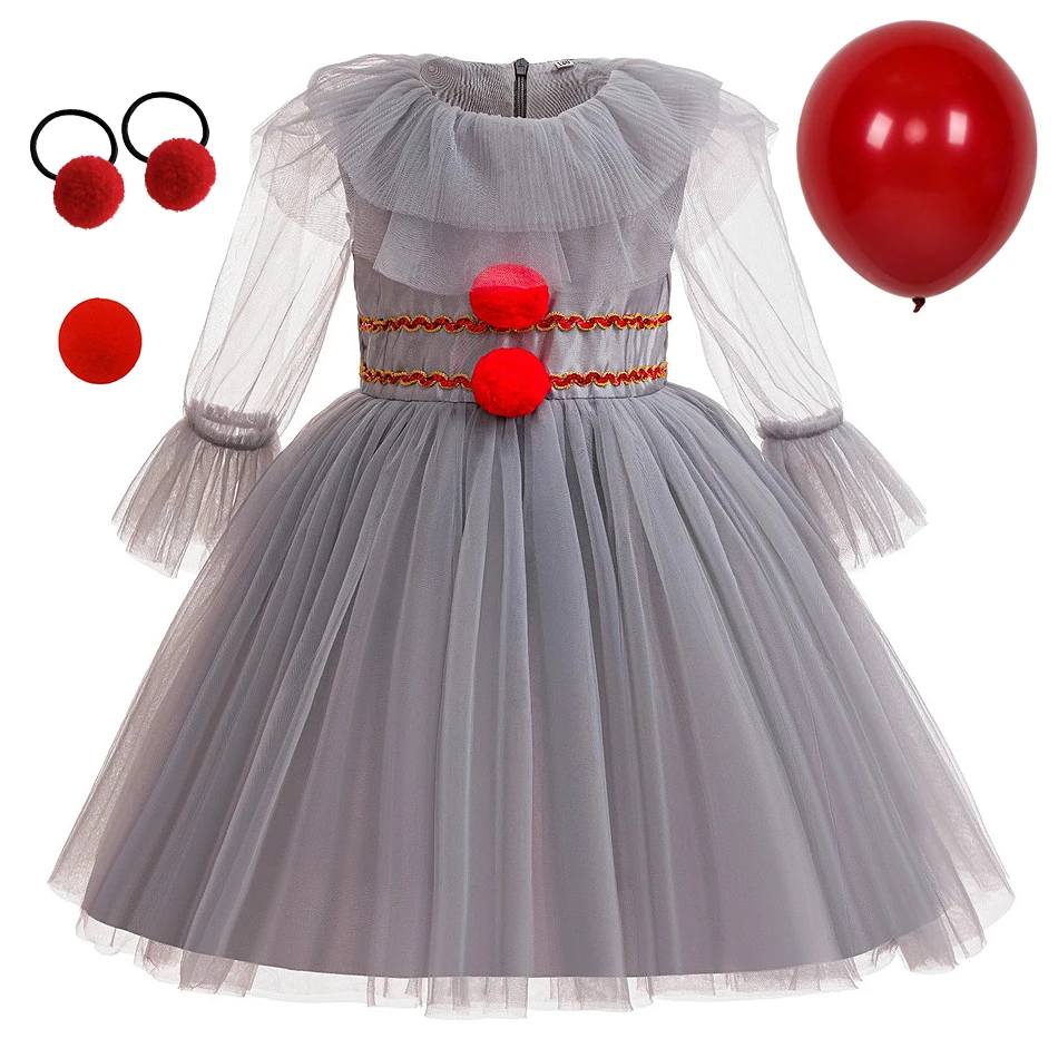 Children Clown Horror Movie Cosplay Halloween Theme Party Frock Kids Mesh Princess Dress Girl Performance Clothing Stage Costume