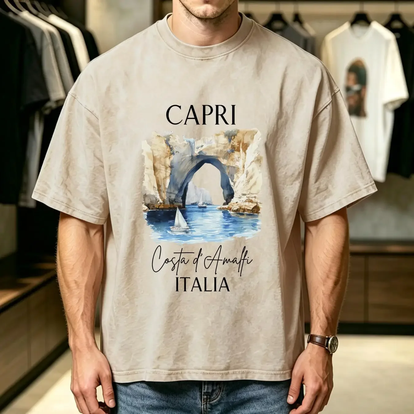 washed T Shirt Capri Italy Trip Softstyle Vacation Souvenir Cute Island Blue Grotto long or short sleeves vintage Washed homme
