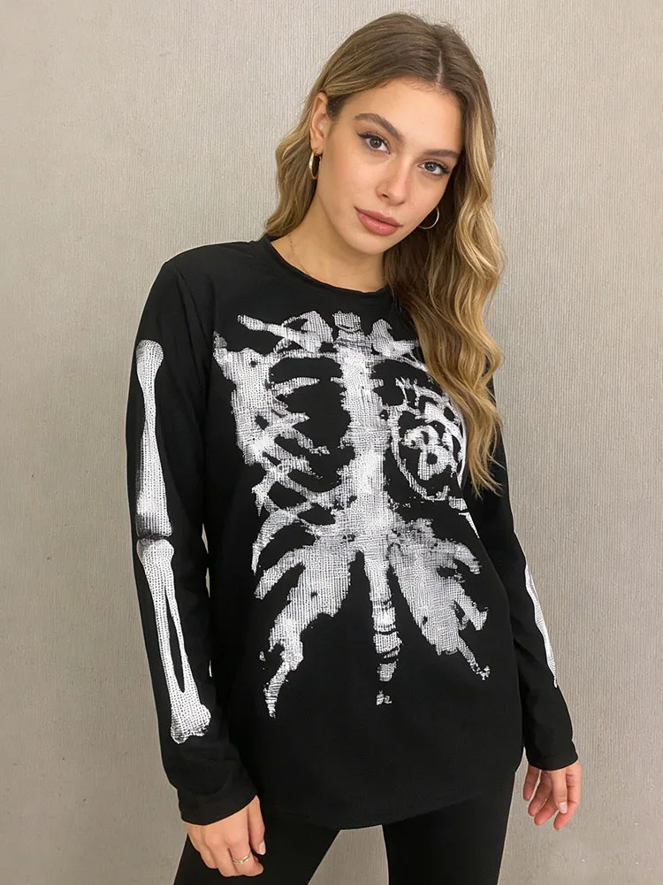 

2026 Dark Fashion Punk Trend Ins Fashion New High Street Skeleton Printed Round Neck Hoodie T-shirt Y2k Clothing