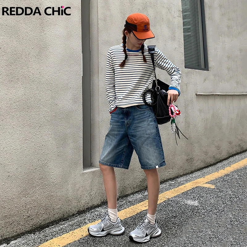 

ReddaChic Blank Patched Knee Long Baggy Jorts Women Vintage Wash Whiskers High Waist Loose Casual Denim Shorts Korean Streetwear