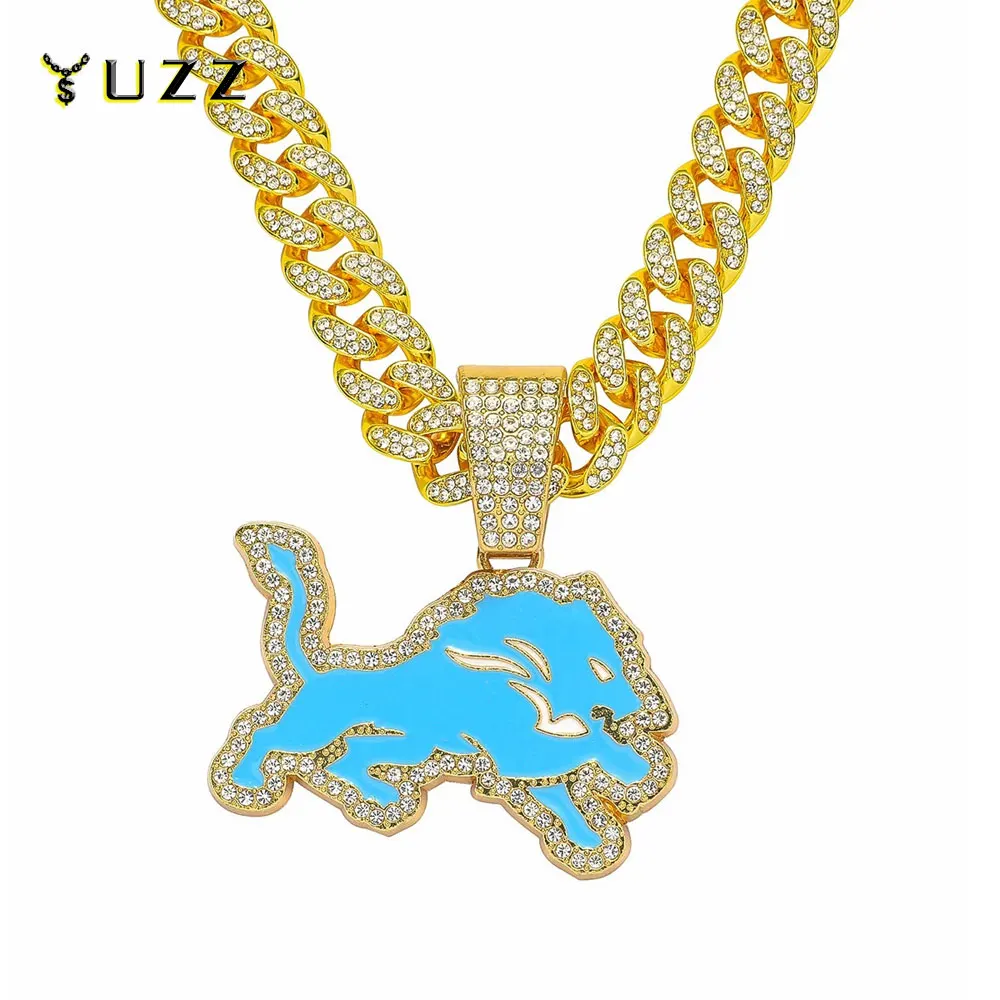 Collar con colgante de lobo azul de Hip Hop para hombre y mujer, cadena cubana de cristal de 13mm, collares ostentosos de HipHop, joyería con dijes de moda