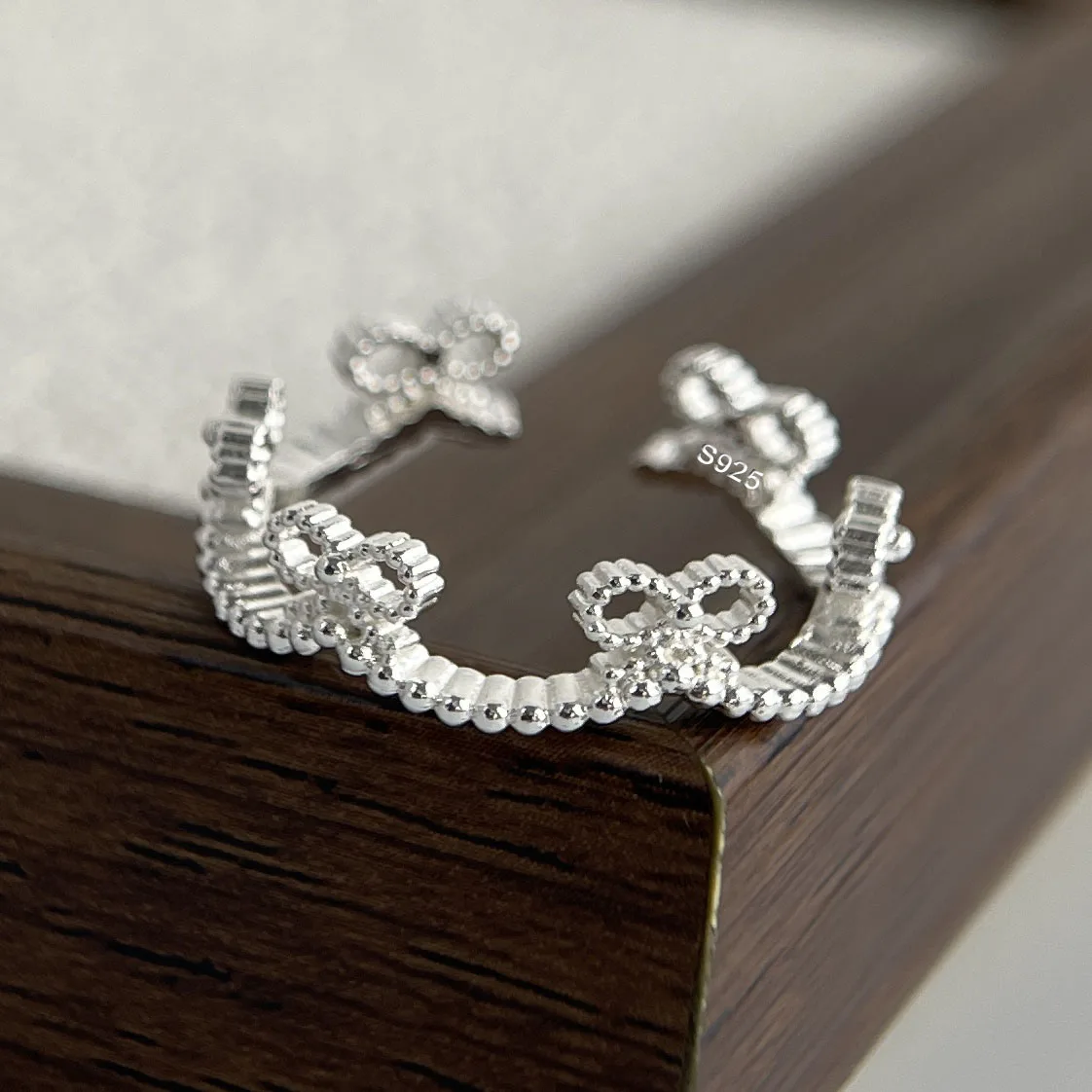 Women's 925 Sterling Silver Handmade Simple Flower Bow Heart Ring