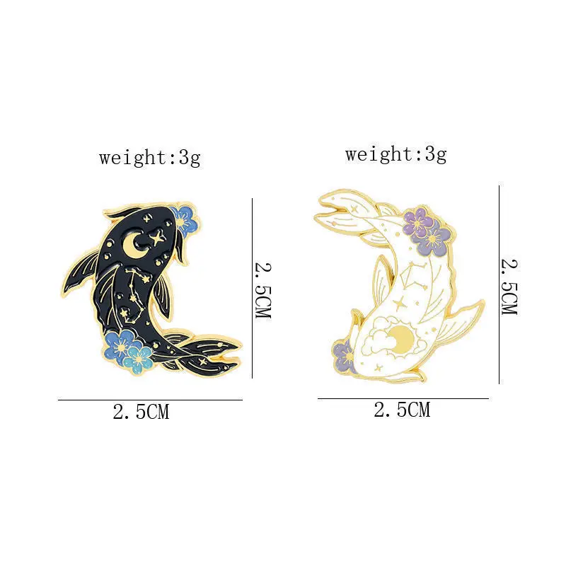 Celestial Koi Fish Enamel Pin Set, Yin Yang Style Black & White Koi Brooches, Floral Moon Star MetalBadges with GoldTrim,Jackets view 4