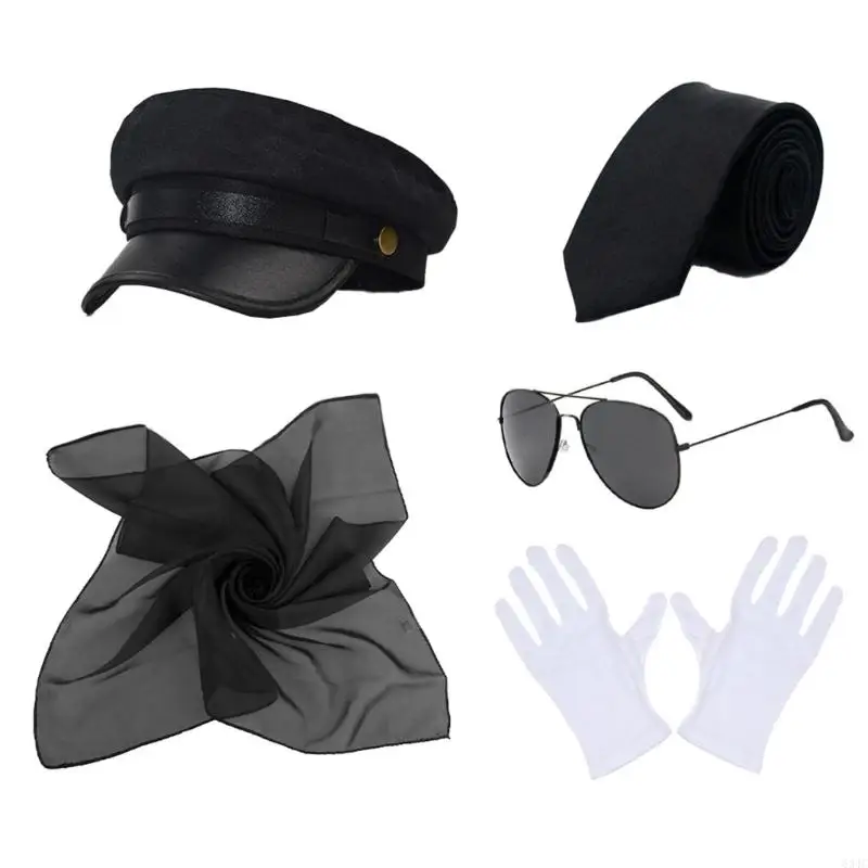 634C Chauffeur Costume Accessories Set Novelty Black Chauffeur Hat Sunglasses for Adults Cosplay Party Night Theme Party