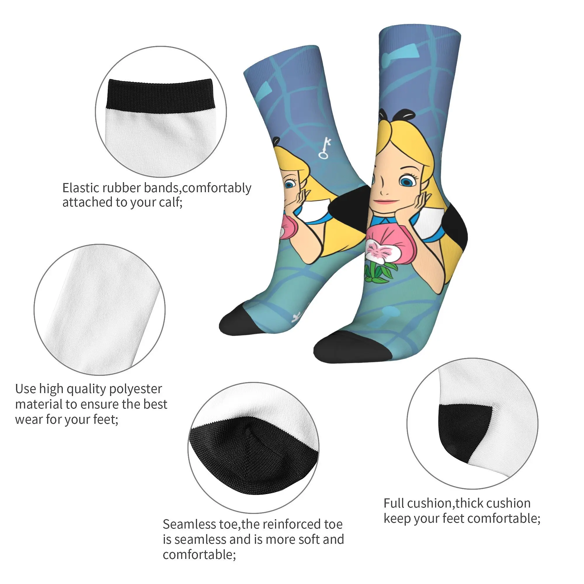 Princess Alice in Wonderland Outfits Men Women Socks Cozy  Skateboard Crew Sock Super Soft Wonderful Gifts