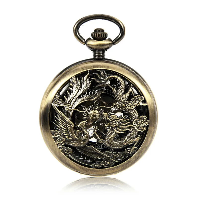 

Chinese style dragon phoenix flip mechanical pocket watch with hollowed out movement, retro copper pendant watch
