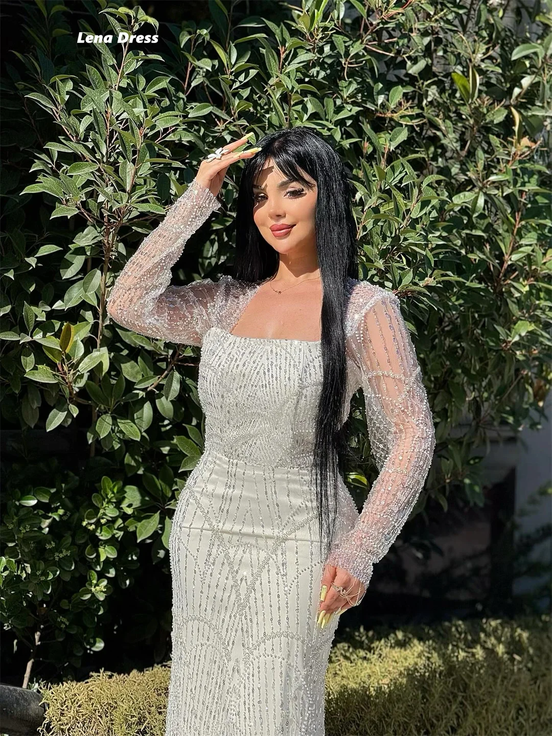Lena Perlenkleider 2025, luxuriöse Abendkleider für besondere Anlässe, quadratischer Kragen, maßgeschneidertes Abschlussball-Luxuskleid mit langen Ärmeln