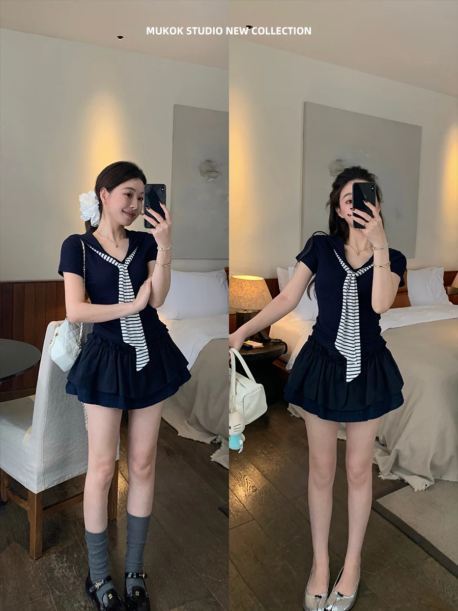 MUKOK Navy Collar T-Shirt Ruffle Hem Halves Skirt Slimming Effect Two-Piece Set Women's Fashion Summer Outfit Chinese Brand