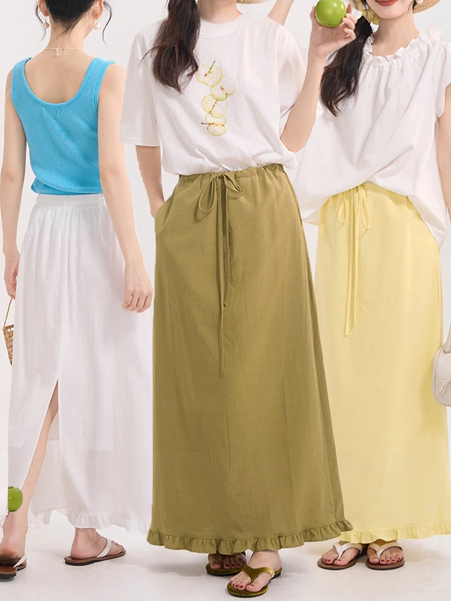 

Heme Floral Lace Trim f Skirt Silk Linen Material Summer Season Women's High Waist A-Line Skirt with Sa Tie Design