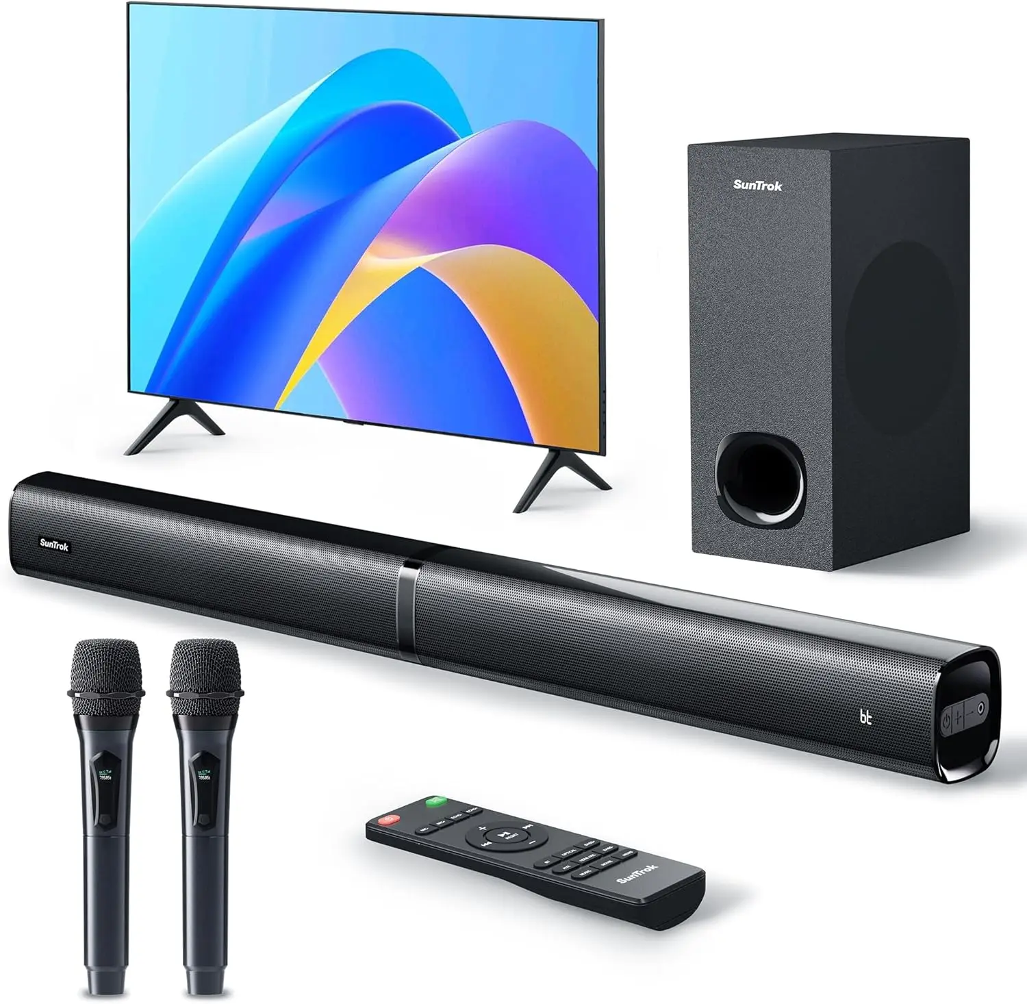 

Soundbar with Subwoofer for TV Home Theater Bluetooth 5 3 Speaker System with 2 Wireless Karaoke Microphones Surround Sound