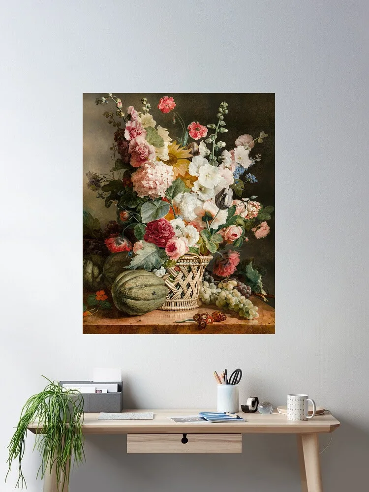 

antoine berjon Fruit and Flowers in a Willow Basket,Art Picture Print Silk Poster Home Wall Decor