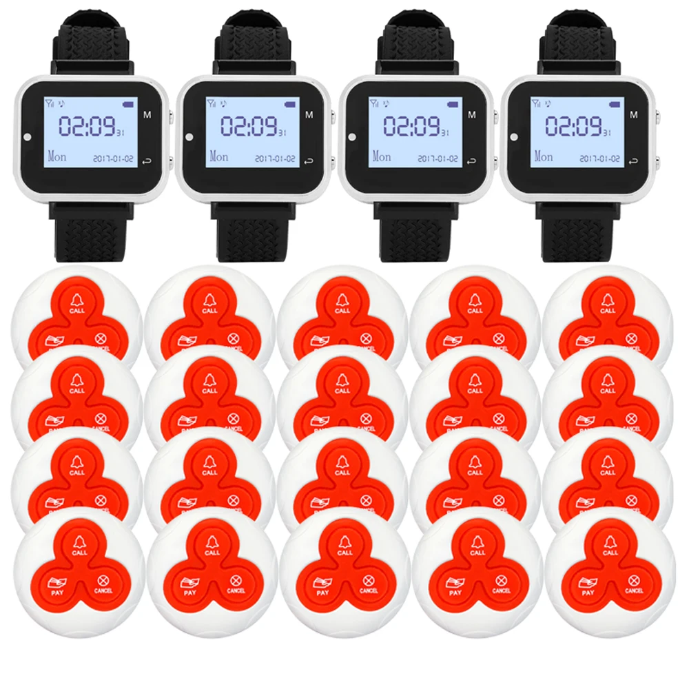 Wireless Calling System 20pcs Call Buttons 4 Watch Pagers Emergency Nurse Call Button for Hospital Clinic Cafe Hotel