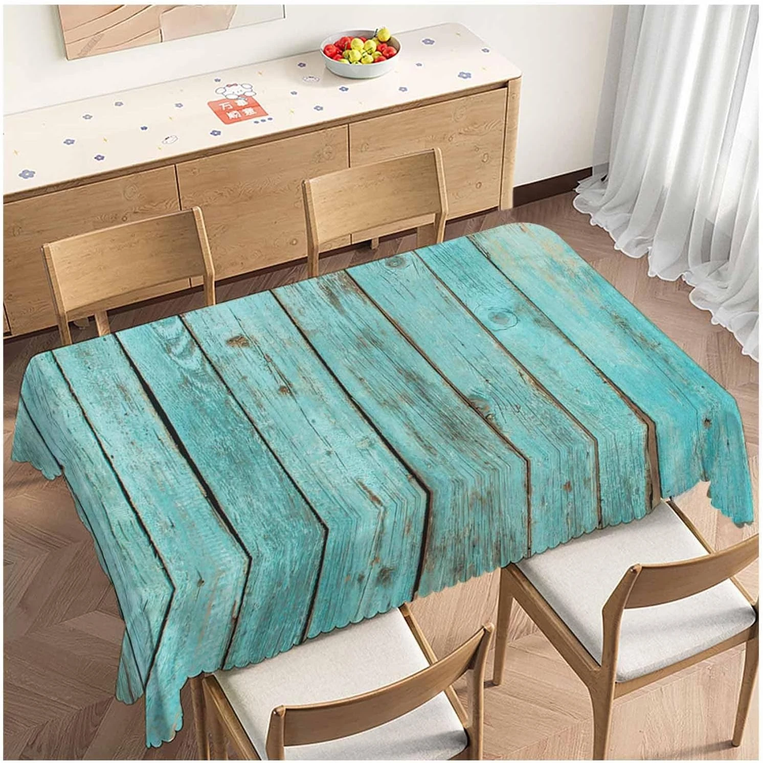 Vintage Turquoise Wood Grain Rectangle Waterproof Tablecloth Tabletop Decor Farmhouse Kitchen Dining Tablecloth Party Decor