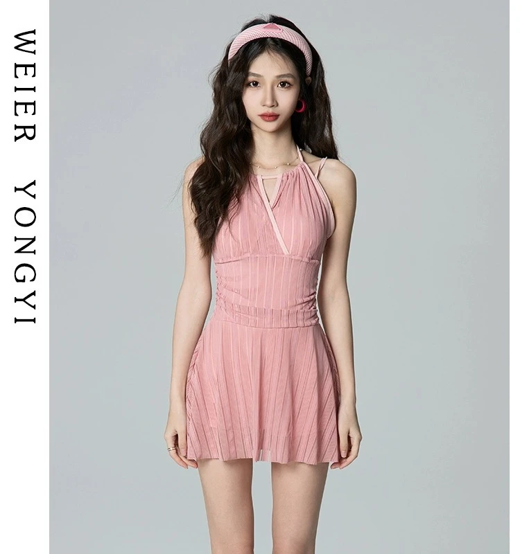 

Sexy Conservative Women's One-Piece Swimsuit for Hot Springs Bathing Slimming Design Fixed Chest Pad No Sve Pure Color