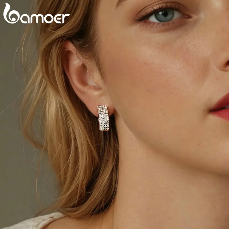 BAMOER 925 Sterling Silver Delicate Sparkling Ear Buckles Inlaid CZ Hypoallergenic Hoop Earrings for Women Fashion Jewelry Gift