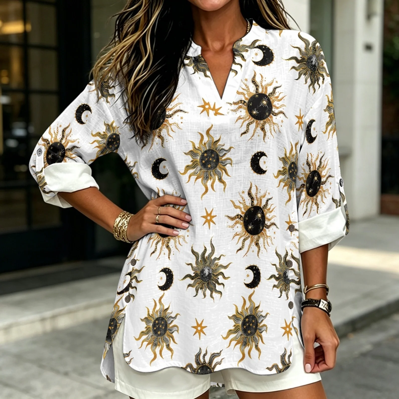 PENSTROLL Rolled Cuff Sleeve Design Linen Like Casual Blouses Stylish Tunic Tops for Beach Vacation Sun Motif