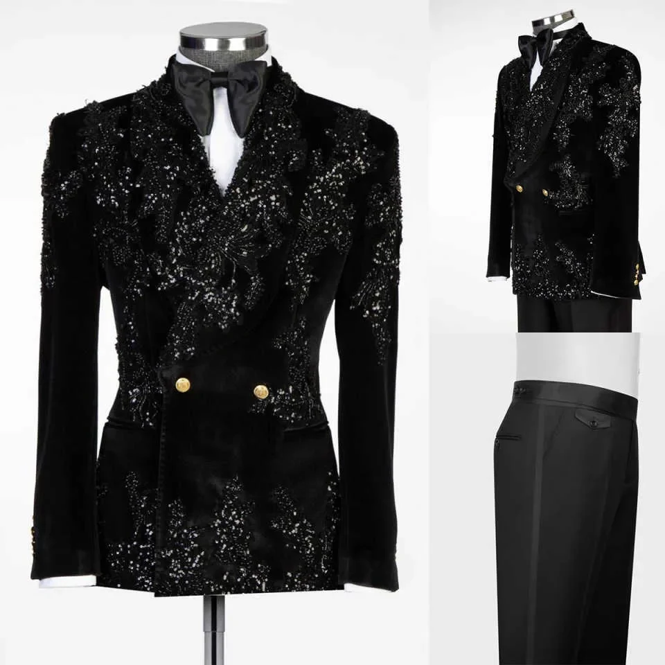 Sparkly Wedding Tuxedos Beaded Sequins 2 PCS Jacket Pants Men Suit Luxury Velvet Shawld Lapel Groom Business Blazers Customized
