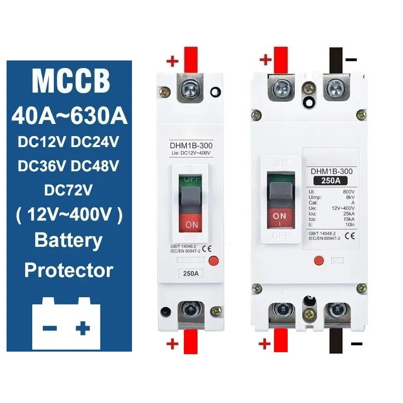 DC 12V 24V 48V 72V MCCB 250A Moulded Case Circuit Breaker Battery 100A 200A 300A 400A 600A Car Charging Pile Protector