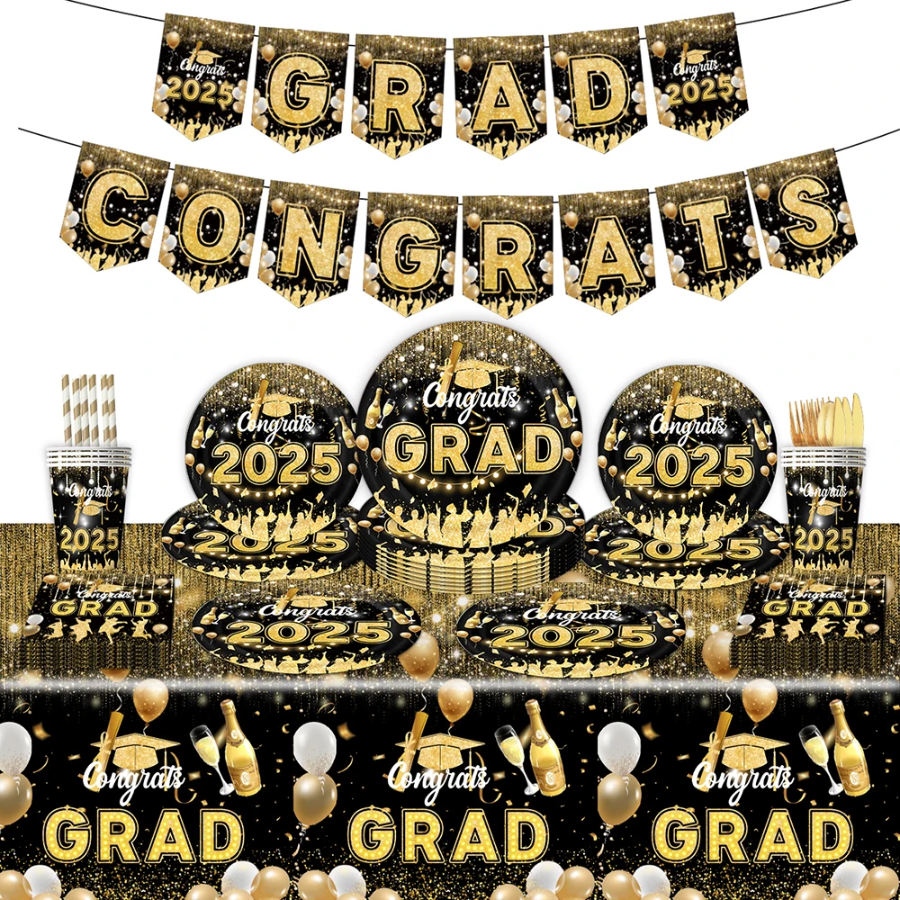 2025 Graduation Theme Graduation Ceremony Party Decor Disposable Black& Gold Glitter Paper Cups Banners Plates Napkin