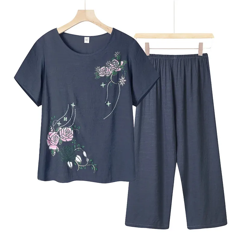 Middle Aged Women Summer Cotton Linen Short Sleeve Two Piece Set Summer Ladies Pajamas Top + Pants Two-Piece Set  Home Service