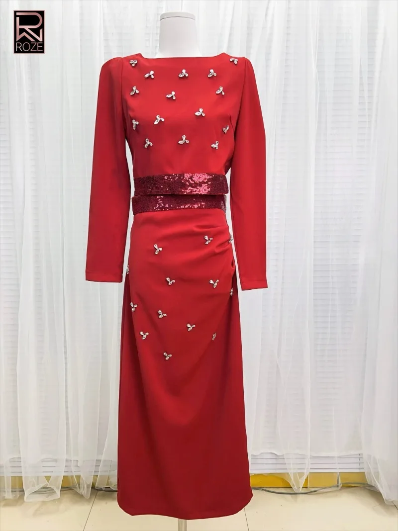 

Однотонные комплекты из двух предметов с бриллиантами для женщин, круглый вырез, длинный рукав, короткие топы, юбка с высокой талией и разрезом, шикарный женский комплект, новинка