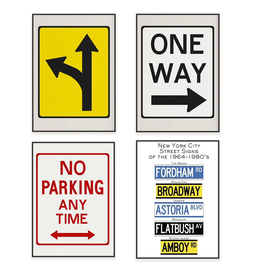 Traffic road sign art, one way street sign, street sign, no parking sign, split road arrow sign wall art, trendy street poster