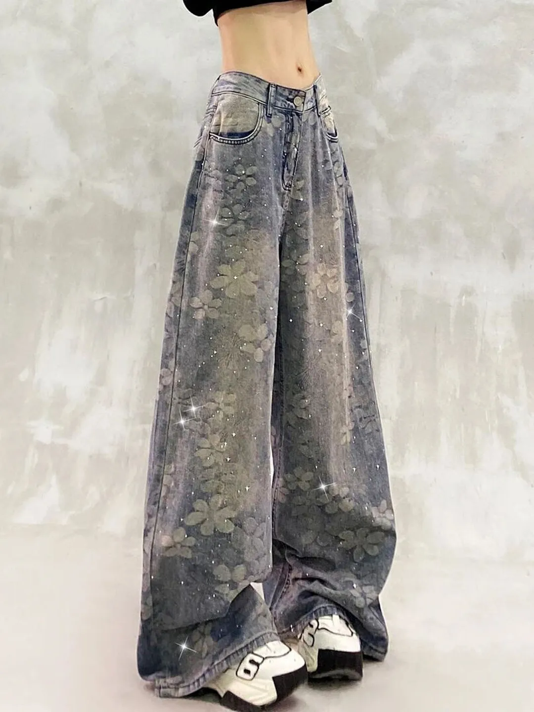 

High Waist Wide Leg Casual Pants Women's New Style Loose Fit Slimming Straight Denim Jeans Floral Embroidery Washed Effect