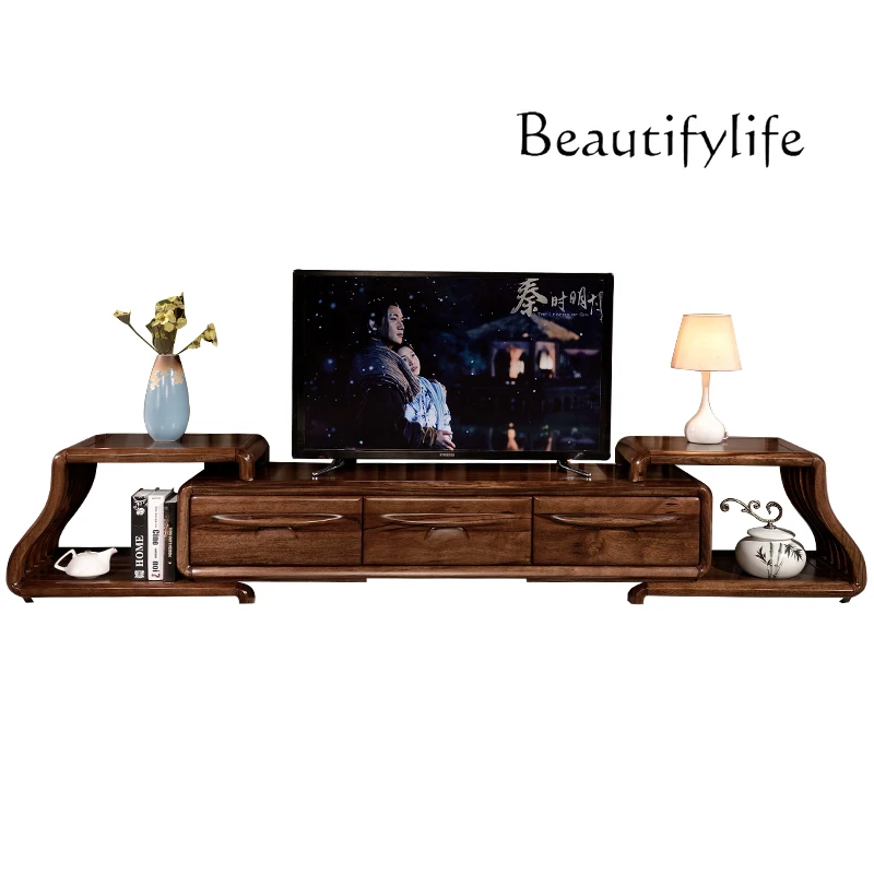 

New Chinese Style Black Walnut Solid Wood TV Cabinet Modern Minimalist Living Room Retractable TV Cabinet