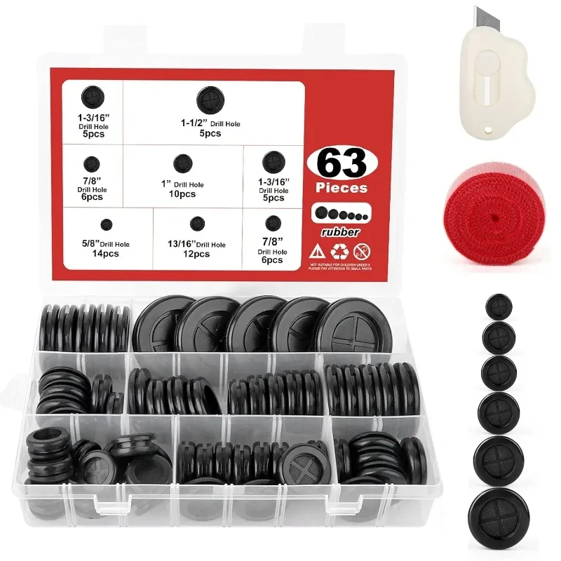 63Pcs Rubber Grommet Gasket Kit Drill Hole Firewall Hole Plugs Wire Protection 5/8