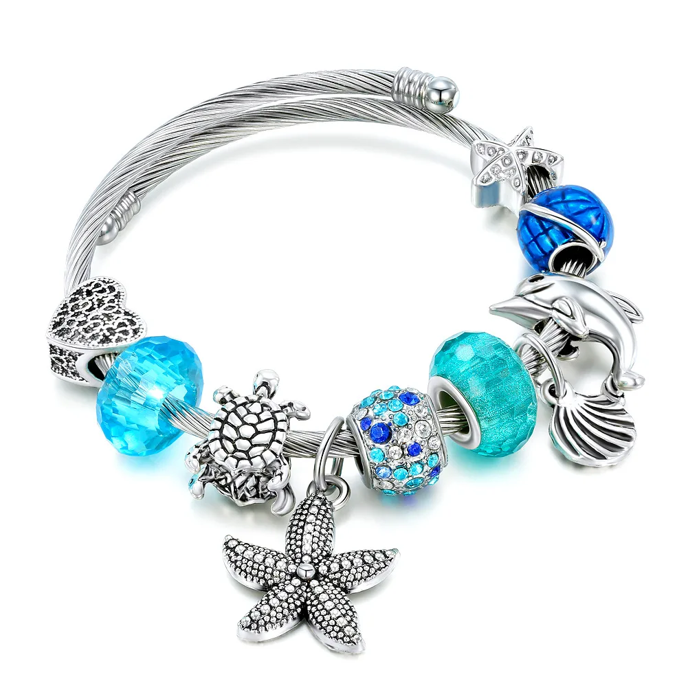 Sea Star Turtle Armband Blauw Kristal Oceaan Serie DIY Legering Kralenarmband Duurzame Vervagende Titanium Stalen Armband