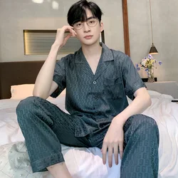 Summer Ice Silk Pajamas Men's Pants Short Sleeve Home Wear Spring Sleepwear Set Female Breathable Satin Nightwear Gentlemen