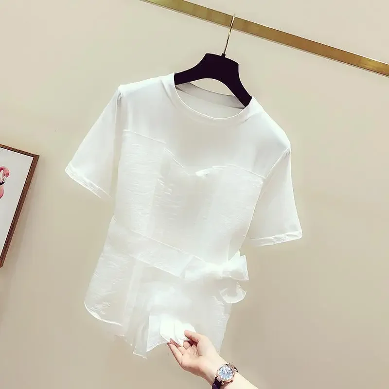 Neplo 2024 Summer Korea Femme Casual Fake Two-Piece Top Elegant Simple O-Neck Tees Mesh Bandage Slim Waist Short Sleeve T-Shirts