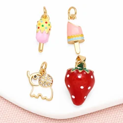 OCESRIO Fashion Enamel Ice Cream Charms for Bracelet Copper Gold Plated Elephant Strawberry Jewelry Making Supplies chma301