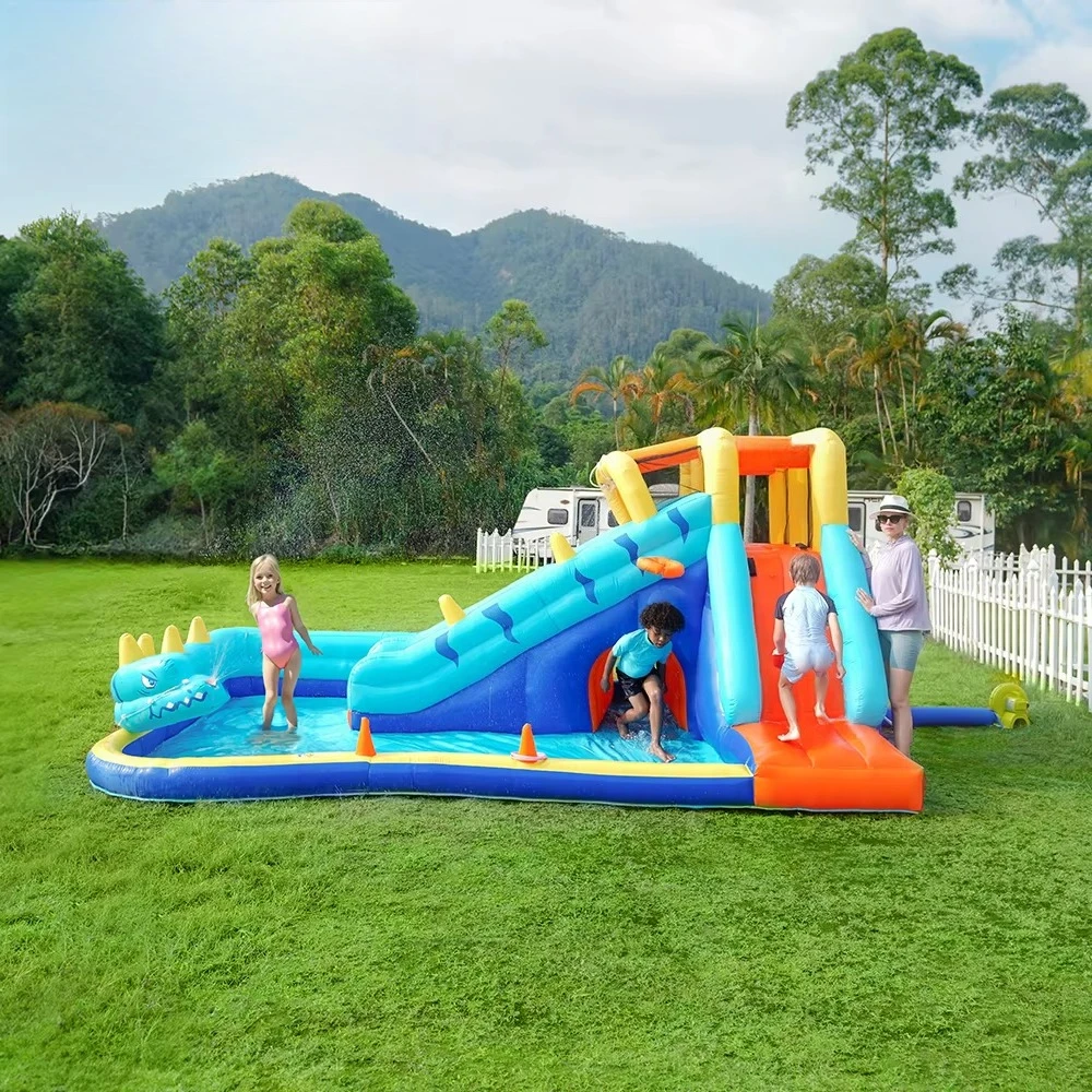 منزل كذاب للأطفال في الهواء الطلق على طراز المياه، مجموعة منزلق للتسلق، قلعة قابلة للنفخ مع الأطفال