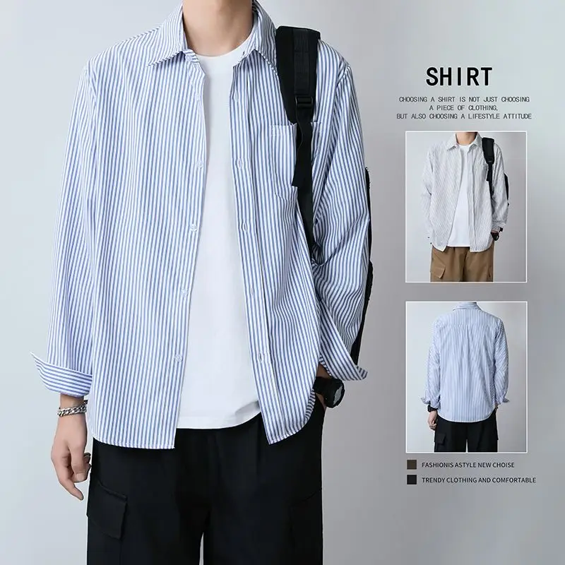 

Осенний новый повседневный мужской топ из ткани Ox irt Long Sve в полоску, износостойкий свободный крой из полиэфирного волокна