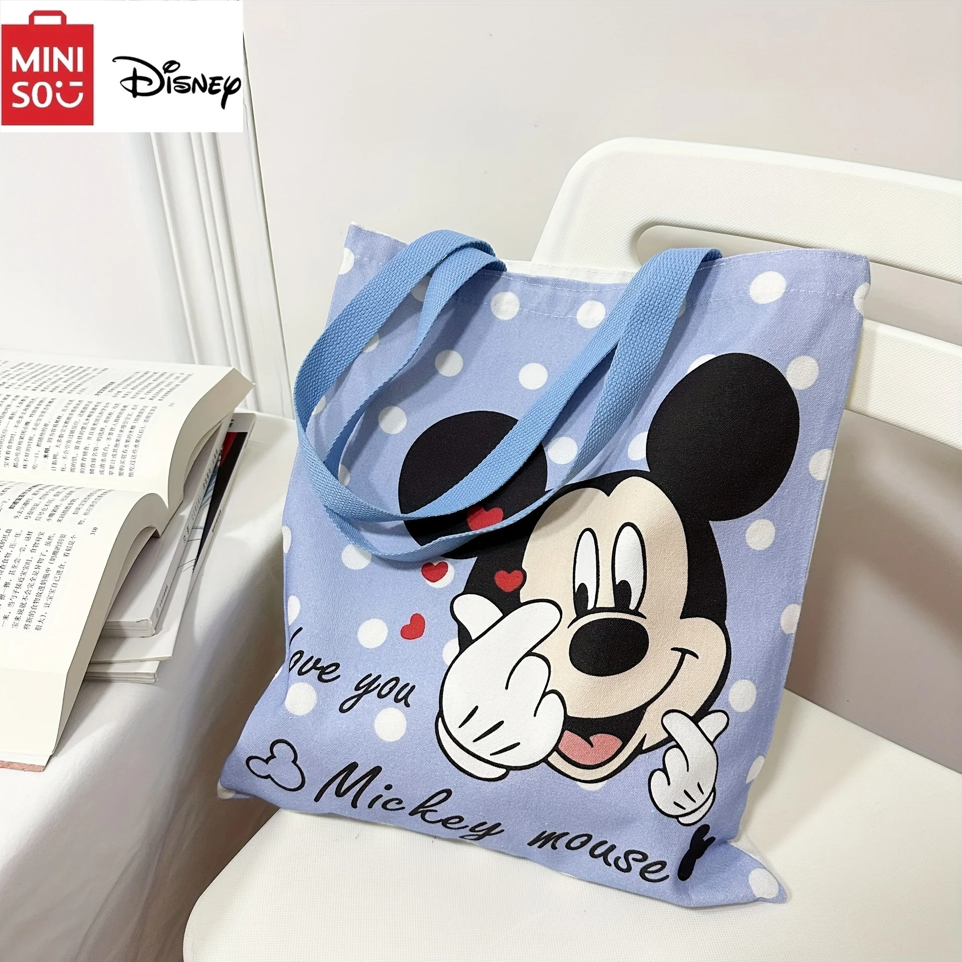 MINISO Disney Mickey e Minnie Cartoon borsa a tracolla in tela di grande capacità con motivo stampato creativo per le donne