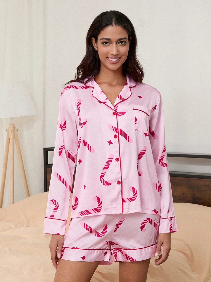 

Women's Christmas Loungewear Set Candy Cane Print Long Sleeve Lapel Button Shirt with Elastic Waist Shorts Casual Sleepwear Pjs