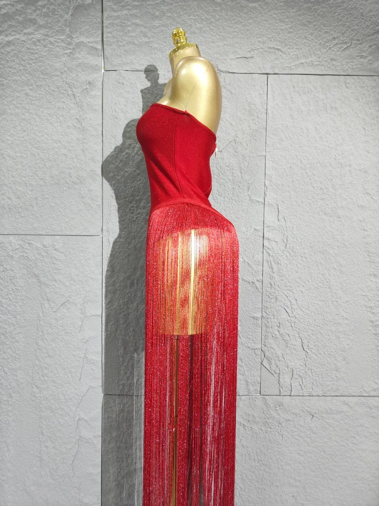 2025 пикантные красные женские элегантные вечерние боди без бретелек с длинными кисточками, бандажный боди, роскошный наряд для дня рождения, ночного клуба, певицы, сценический наряд