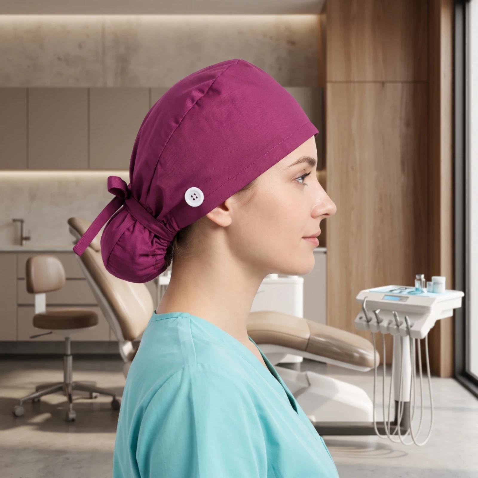 Long Hair Scrub Cap Comfortable Work Cap with Buttons Tie Back Work Hat Washable Skin-Friendly for Nurses, Hospital