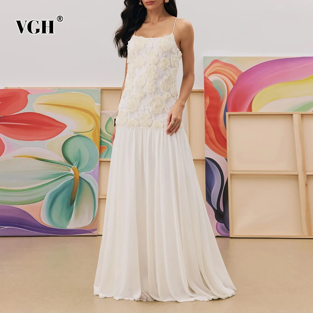 

VGH Solid Temperament Spliced Appliques Dresses For Women Square Collar Sleeveless Backless High Waist Elegant Dress Female New