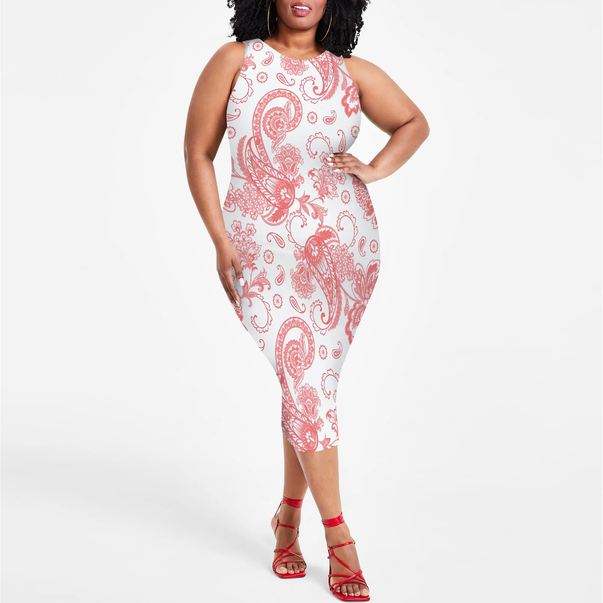 

EQQZD Plus Size Elegant Sleeveless Crew Neck Midi Dress, Stylish Casual Bodycon Dress with Bohemian Floral Print for Women