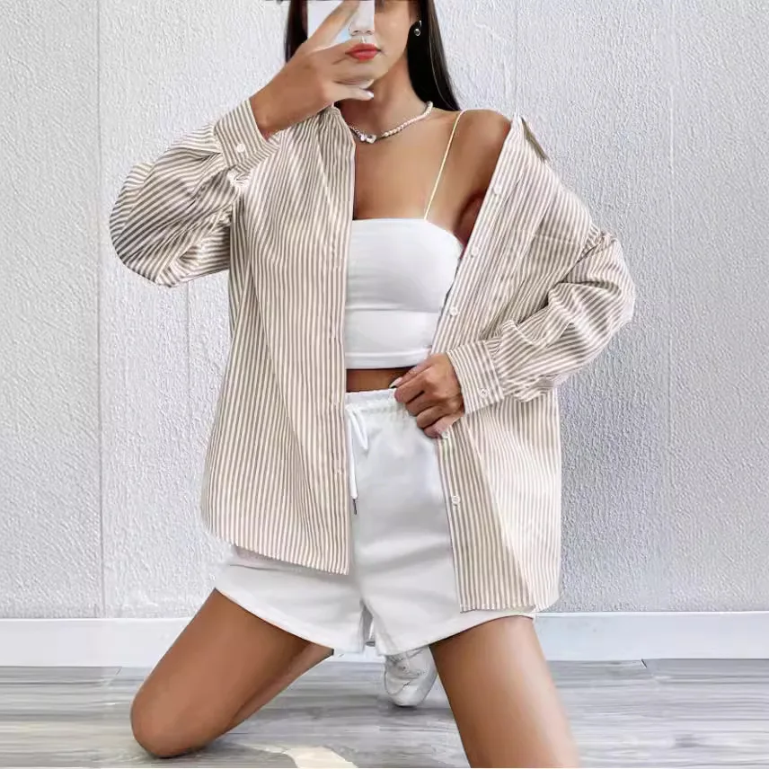 Koszula damska z guzikami, nieformalna moda, niebiesko-różowa bluzka, bluzki z długim rękawem i dekoltem w serek.